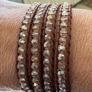 Victoria Emerson Brown Leather Wrap Bracelet with Clear Faceted Beads